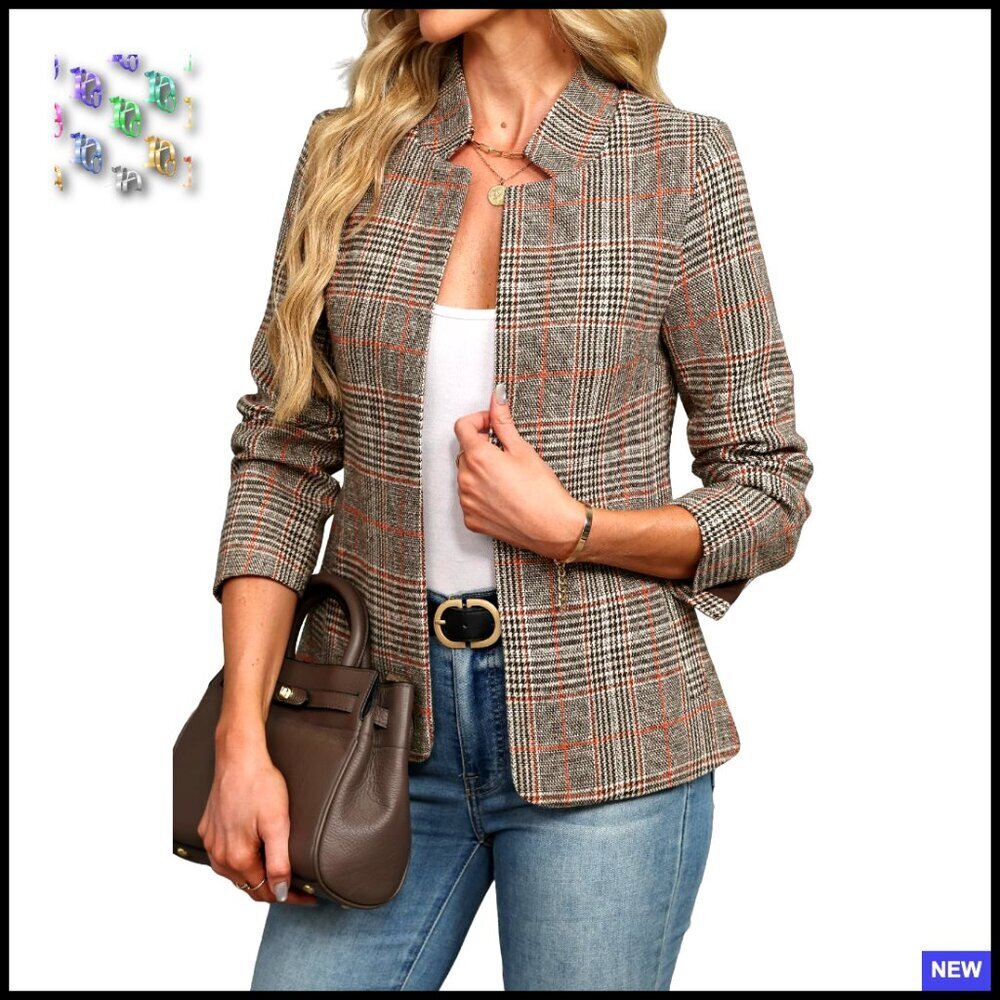 Plaid Blazer Open Front Stand Collar Houndstooth Boyfriend Jacket Chic Classic